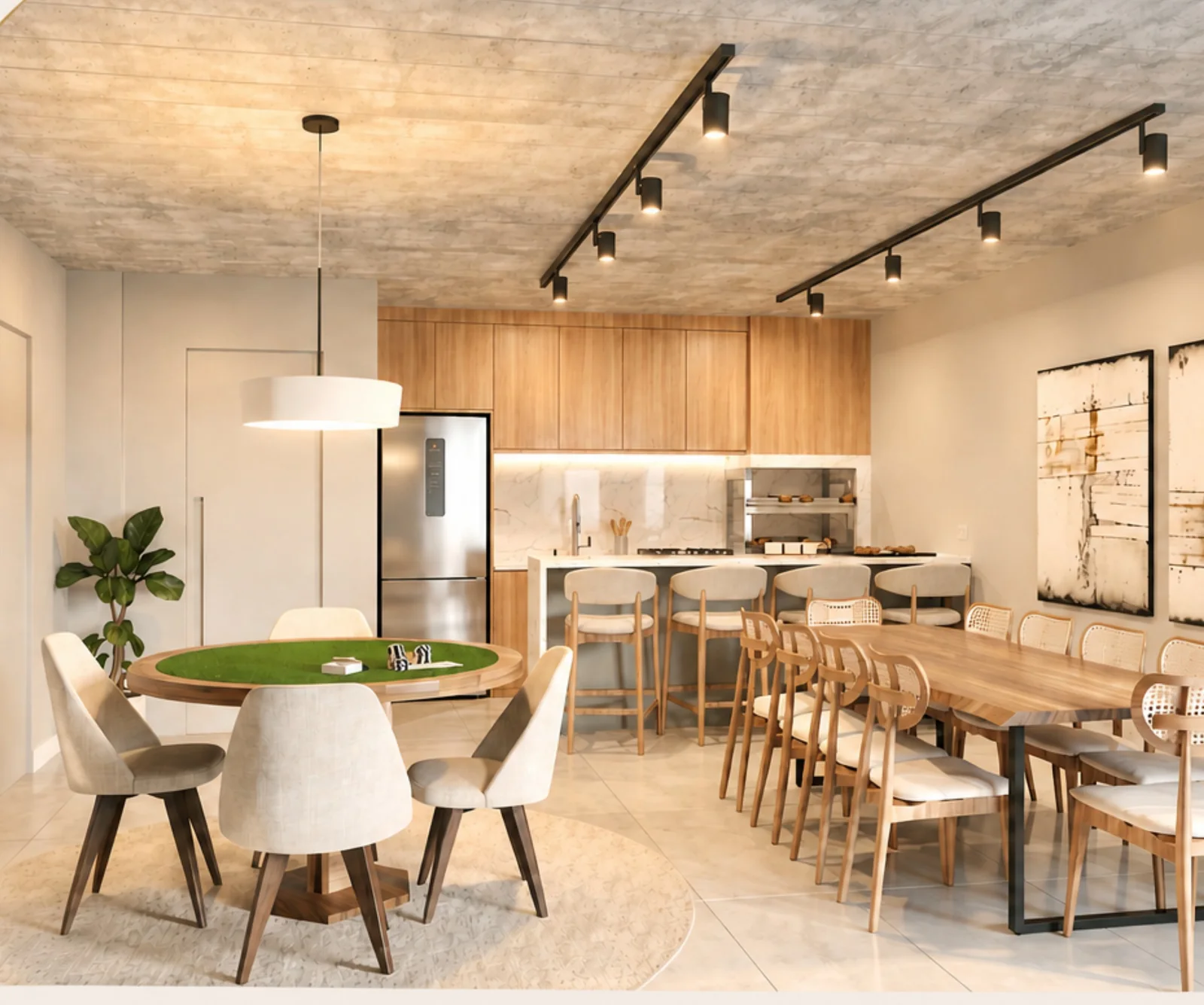 Salão de festas do Residencial Ravena, com espaço gourmet e mesa para reunir